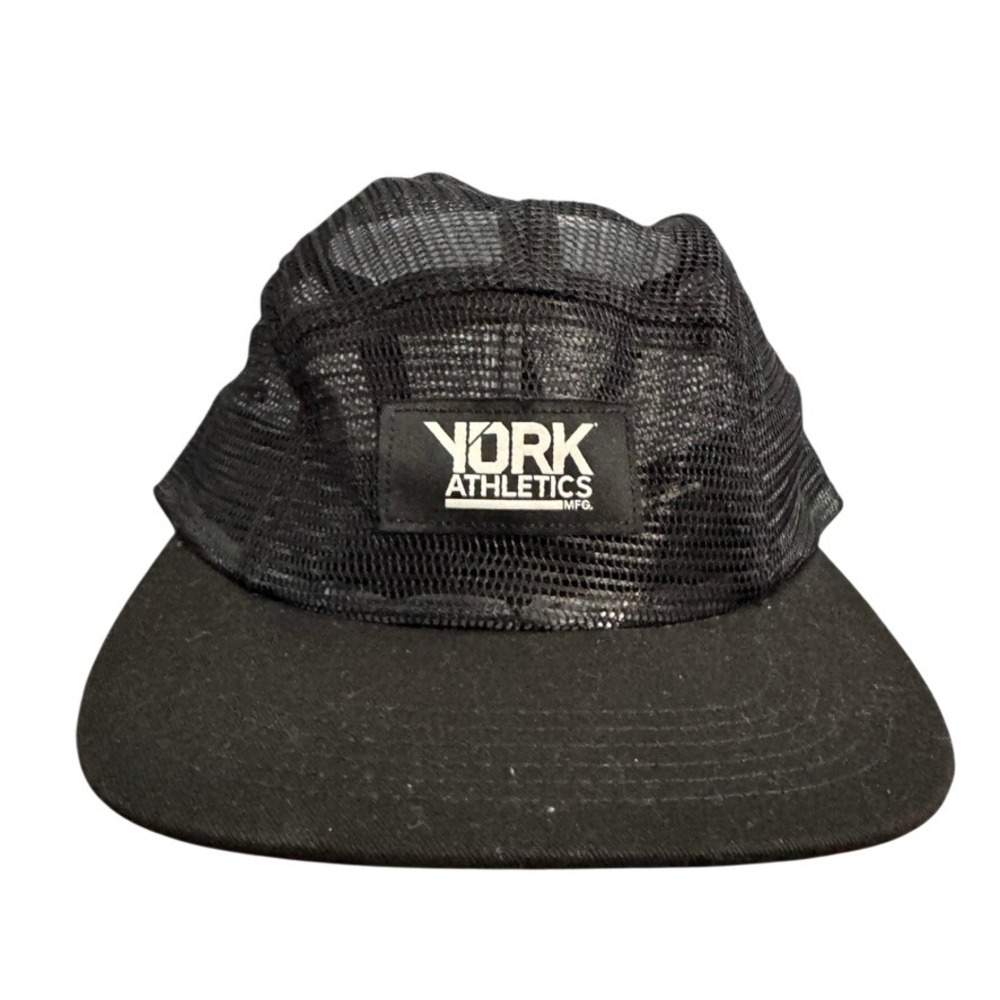 York Athletics Mfg Black Mesh 5 Panel Camper Hat Made in USA Adjustable Cap